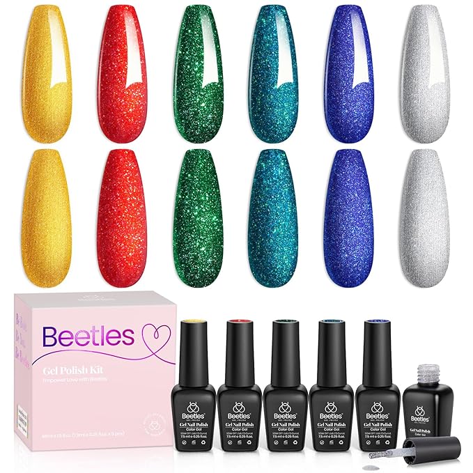 Beetles Glitter Gel Nail Polish, 6 Colors Red Green Gel Nail Polish Set Soak Off Uv LED Nail Lamp Reflective Glitter Nail Art DIY Home Nails Manicure Gifts for Women Her Girls-BrightBean Baby