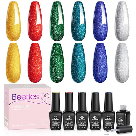 Beetles Glitter Gel Nail Polish, 6 Colors Red Green Gel Nail Polish Set Soak Off Uv LED Nail Lamp Reflective Glitter Nail Art DIY Home Nails Manicure Gifts for Women Her Girls-BrightBean Baby