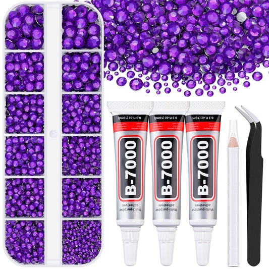 6000Pcs Resin Rhinestones for Bedazzling with 3Pcs B7000 Jewelry Glue, 1 Box Dark Purple Flatback Rhinestones for Crafting Crafts DIY, Crystals Gems for Clothing Shoes Tumblers Nail Art Makeup-BrightBean Baby