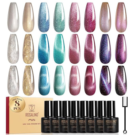 ROSALIND Cateye Gel Polish, 8 Colors Holographic Magnetic Cat Eye Gel Nail Polish Set with Magnet, Red Blue Purple Black Gel Polish Galaxy Collection Nail Art Gift DIY at Home-BrightBean Baby