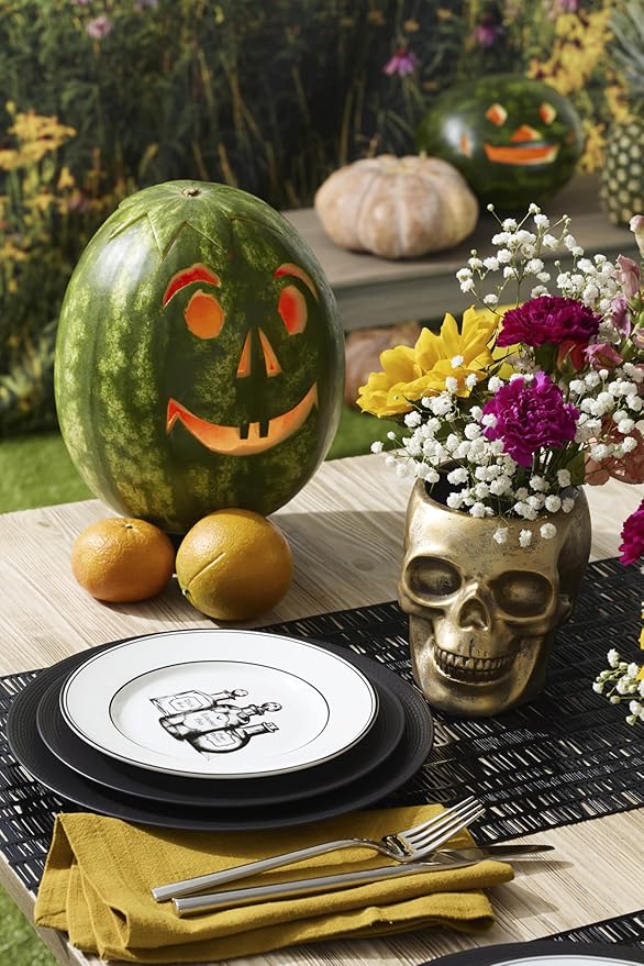 Lenox Dinnerware Set, Vintage Halloween 4-Piece Dessert Plate Set, Assorted, Set of 4 Ivory Porcelain Plates, Dishwasher Safe, Halloween Decor Indoor, Party Table Decorations (Black/White, 4 Piece)