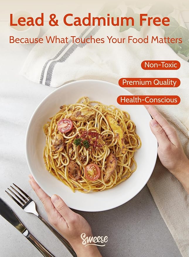 Sweese Large Salad Serving Bowls, 30 Ounce Porcelain White Pasta Plates Set of 6, 8.4 Inch Pasta Bowls for Dinner, Salad - Microwave Dishwasher