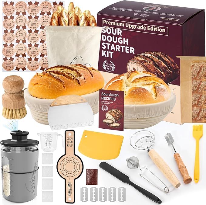 Personalized Sourdough Starter Kit with Personalized Sourdough Starter Jar, Round and Oval Banneton Bread Proofing Basket Set, Sourdough Baking Tools, Bread Making Supplies Gift for Bakers all