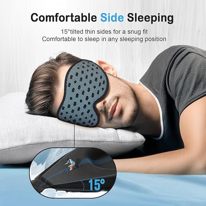 LitBear Breathable Sleep Mask, 3D Eye Mak Sleep for Side Sleepers Women Men, Light Blocking Sleeping Mask with Adjustable Strap, Soft Lightweight Eye Cover for Travel, Night Work, Nap -Ice Blue-BrightBean Baby