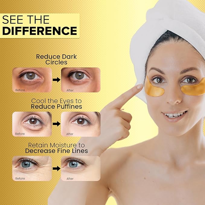 Under Eye Patches for Dark Circles - 24k Gold Eye Mask for Luxurious hydrating eye patches (20 Pairs) Gold Eye Patches for Puffy Eyes Brightening, Anti-Aging Wrinkles, for both genders-BrightBean Baby