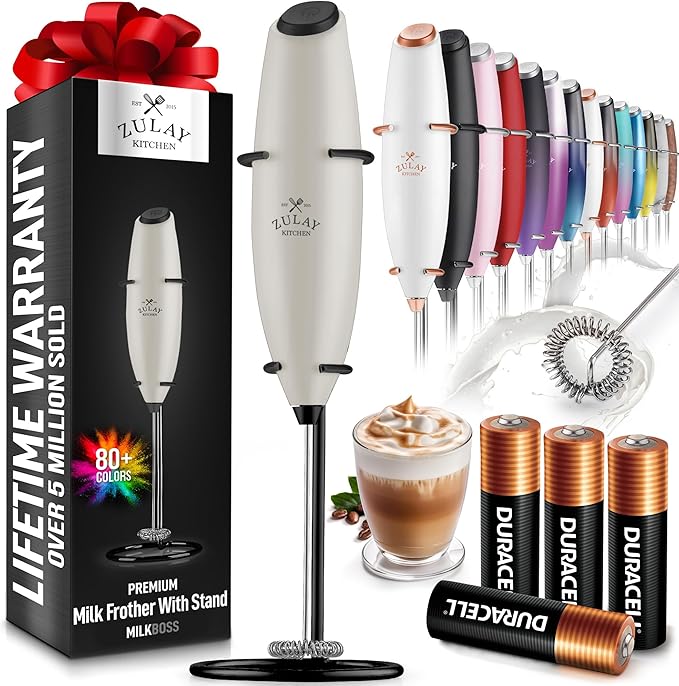 Zulay Kitchen Powerful Milk Frother Wand With 4 AA Duracell Batteries - Ultra Fast Handheld Drink Mixer - Electric Whisk Foam Maker for Coffee, Lattes, Cappuccino, Matcha & Creamer