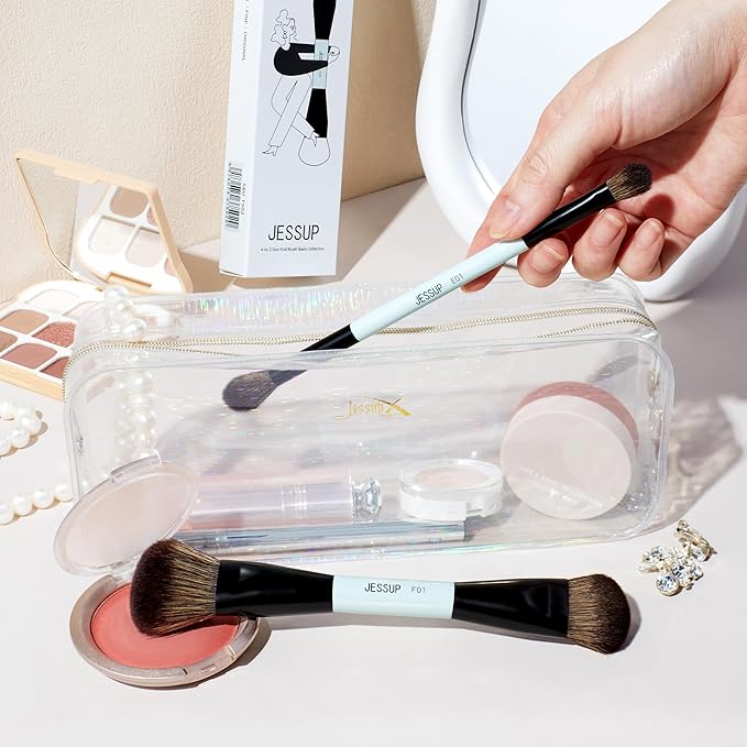 Jessup Makeup Brushes 2pcs Double Sided Foundation Brush Contour Brush Dual Ended Eye Blending Brush, Multi-functional Cosmetic Brush Bright Cyan T502-BrightBean Baby