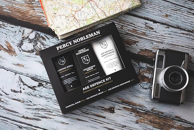 Percy Nobleman Age Defence Kit, a men's skincare set containing Charcoal Face Scrub (with Natural AHAs), ultra-hydrating Facial Serum (with Hyaluronic Acid), and Moisturiser (with Vitamin C)-BrightBean Baby