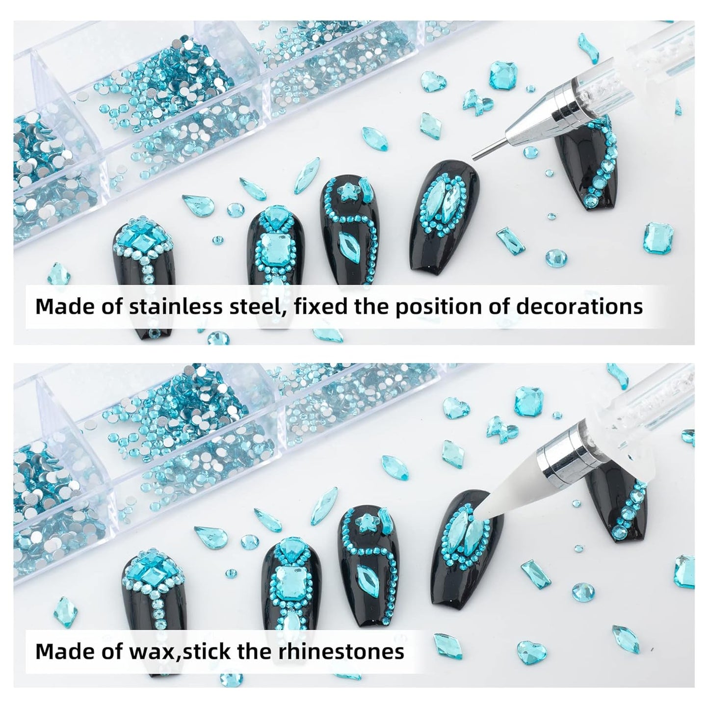 Nail Rhinestones Kit, Nail Art Decorations with Wax Pencil Flat AB Rhinestones Kit DIY Crafts Gemstones for Nail, Shoes, Clothes, Jewels (600 Aquamarine Diamonds + 2500 Flat Rhinestones)…-BrightBean Baby