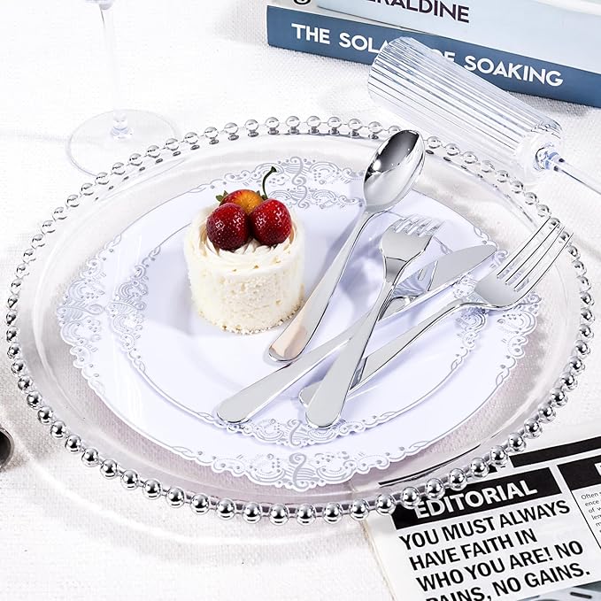 150 PCS Silver Plastic Silverware - Silver Plastic Flatware Disposable - Heavy Duty Disposable Utensils Sets Includes 50 Forks, 50 Spoons, 50 Knives for Party & Wedding