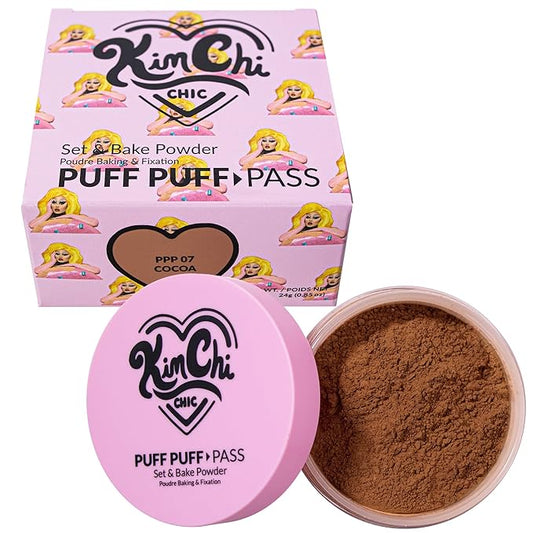 Kimchi Chic Beauty Puff Puff Pass Set and Bake Powder, Loose Face Powder with Extra Fluffy Setting Powder Puff, Soft Brown Face Makeup for Uneven Skin Tone, 07 Cocoa-BrightBean Baby