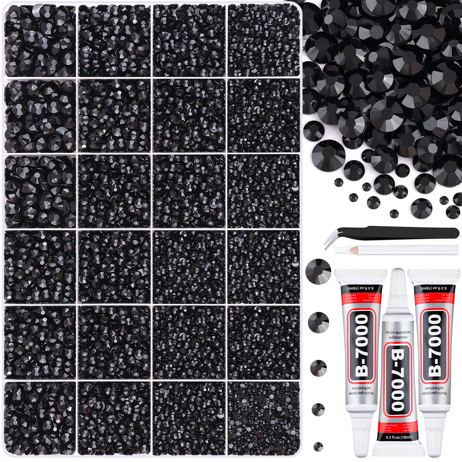 30000Pcs Resin Black Rhinestones for Bedazzling Crafting with b7000 Jewelry Glue, Bulk Flatback Gems Bedazzler Kit for Crafts Clothes Shoes Fabric Nail Diamond Art, Assorted Size 2/3/4/5/6mm-BrightBean Baby
