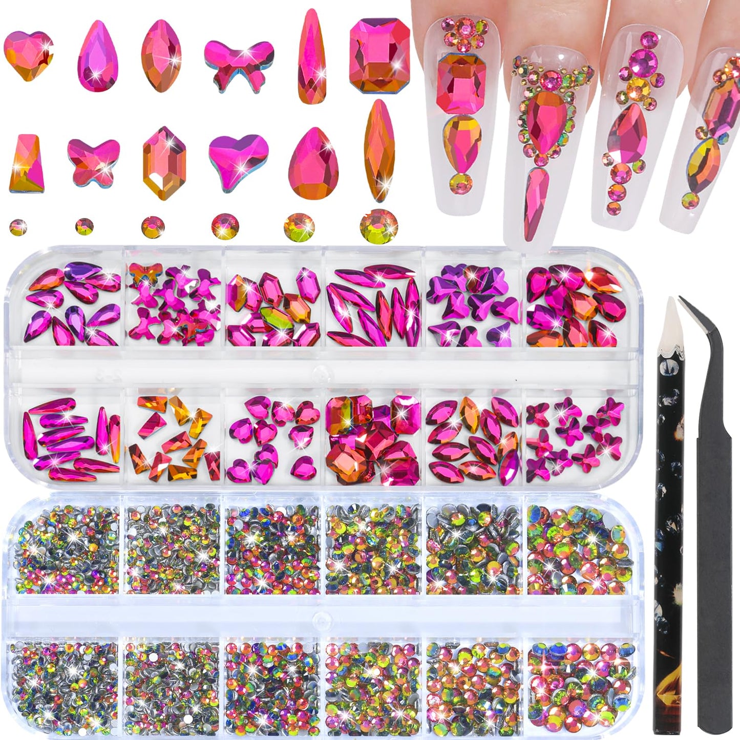 HNUIX Nail Rhinestones - 3D Multi Shape Size, Crystal Colorful Red Nail Gems, Flat Back, with Kit, for Nail Art, DIY Decorations-BrightBean Baby