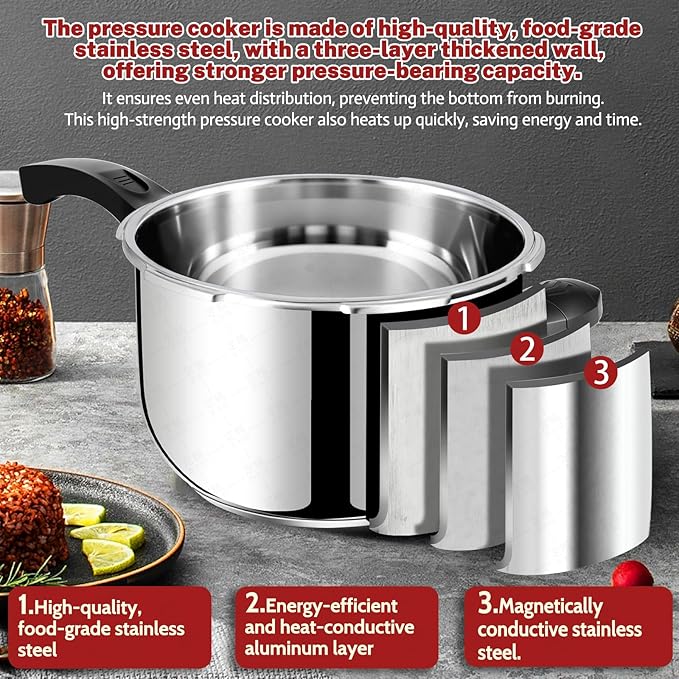 Stainless Steel Pressure Cooker 6.34 Quart, Heavy-Duty, Food-Grade, All Stovetop & Induction Compatible with Multi-Safety Lock System for Gas Electric Ceramic, Commercial Home Kitchen Use, Deeluban