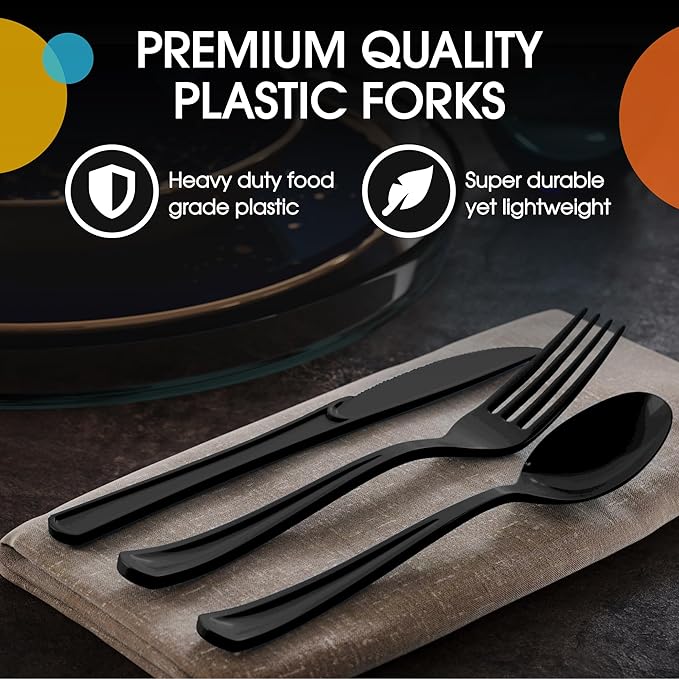 Party Solids Black Plastic Silverware Heavy Duty 150 Pieces Black Plastic Cutlery Sets, Utensil Sets, 50 Of Each Forks, Knives & Spoons Disposable Cutlery Set, Flatware Set For Party Supplies