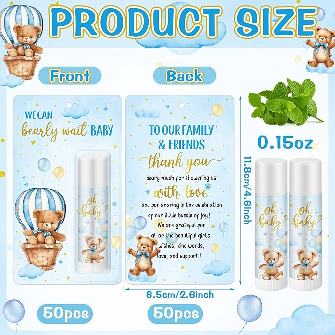 50 Pack Baby Shower Lip Balm Bulk Bear Baby Shower Favors Baby Mint Flavor Lip Balm Baby Shower Gifts for Guest Bear Themed Baby Shower Thank You Gifts Girls Boys Games Gender Reveal Favors-BrightBean Baby