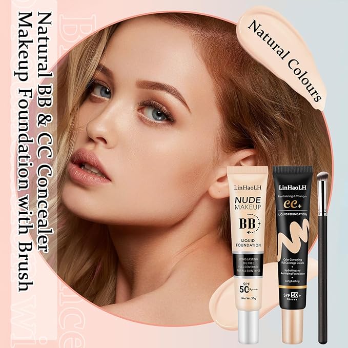 Full Coverage Concealer Foundation,Oil Control Long Lasting Lightweight BB Cream Tinted Face Moisturizer with SPF 50+ PA+++,Moisturizing CC Cream Liquid Foundation Makeup Brush Set（2 Pack）-BrightBean Baby