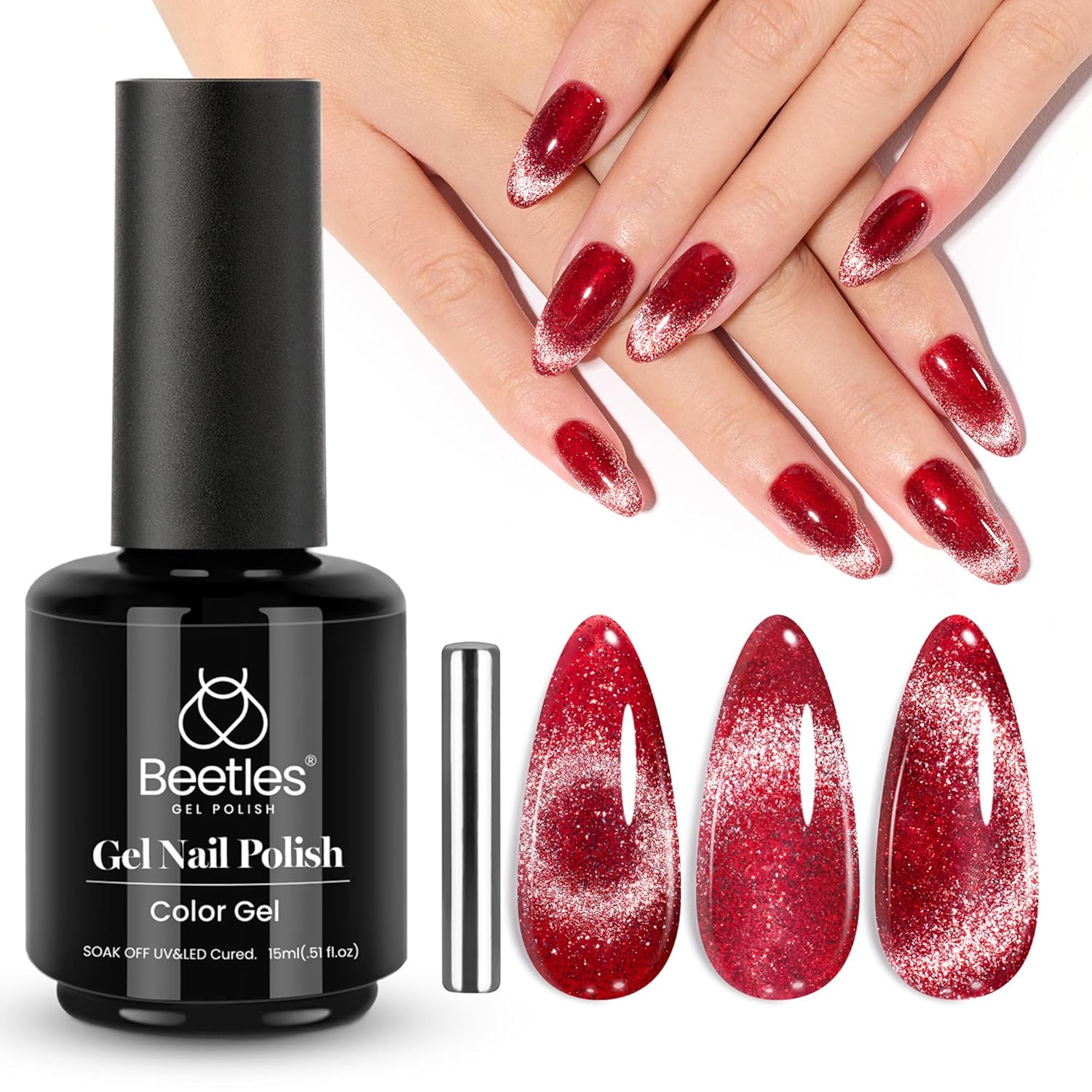 Beetles Red Cat Eye Gel Nail Polish, 15ml Glitter Nail Polish with Magnet Gel Soak Off UV LED Nail Lamp Reflective Nail Art DIY Home Manicure Design Gift for Women-BrightBean Baby