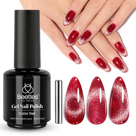 Beetles Red Cat Eye Gel Nail Polish, 15ml Glitter Nail Polish with Magnet Gel Soak Off UV LED Nail Lamp Reflective Nail Art DIY Home Manicure Design Gift for Women-BrightBean Baby