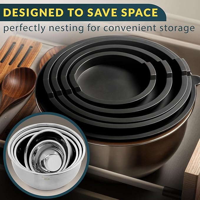 Baker's Signature Stainless Steel Mixing Bowls with Lids Set, 5 Sizes, 3 Graters, Non-Slip Base, Airtight Lids, Metal Mixing Bowls for Kitchen, Food Prep, Storage, 0.63QT-5QT, Black