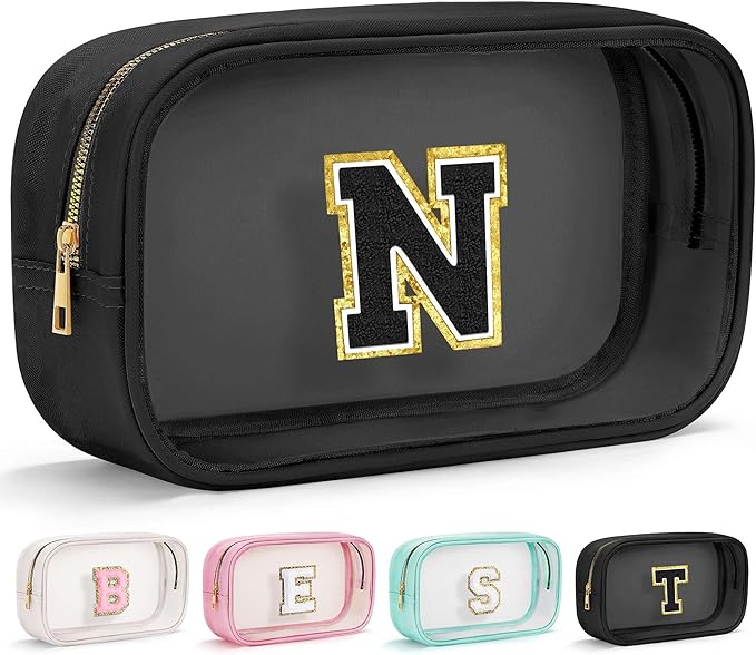 YOOLIFE Initial Travel Makeup Bag Pouch, Clear Toiletry Bag for Women Travel Accessories Cosmetic Bag Skin Care for Teen Make Up Bags Birthday Gifts for Women Unique Teacher Mom Friends Gifts Black N-BrightBean Baby
