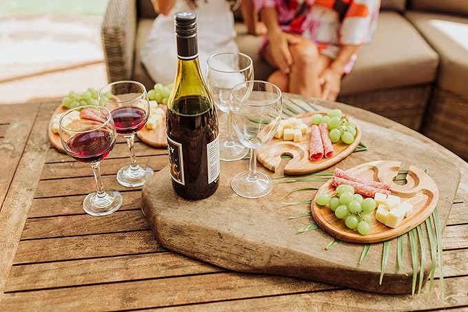 PICNIC TIME Wine Appetizer Plates, Set of 4 Wooden Cocktail Plates with Glass Holder, Mini Charcuterie Boards for Wine and Cheese Parties, Acacia Cheese Board Serving Trays (Oval - Acacia Wood)