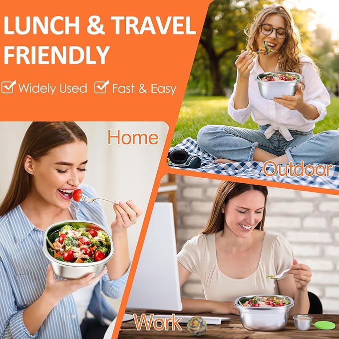 KTKUDY 3 Pack Stainless Steel Salad Bowls with Lids & Dressing Cups - 50 oz Leakproof Salad Containers for Meal Prep & Lunch To Go, Dishwasher Safe