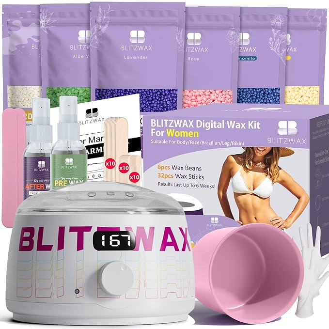 BLITZWAX Brazilian and Bikini Waxing Kit for Women, Hard Wax Warmer for Face, Legs, and Body, At Home Hair Removal Kit, Beginner Friendly, Quick Heating, Frost Reverb Digital Wax Pot-BrightBean Baby