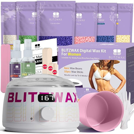 BLITZWAX Brazilian and Bikini Waxing Kit for Women, Hard Wax Warmer for Face, Legs, and Body, At Home Hair Removal Kit, Beginner Friendly, Quick Heating, Frost Reverb Digital Wax Pot-BrightBean Baby