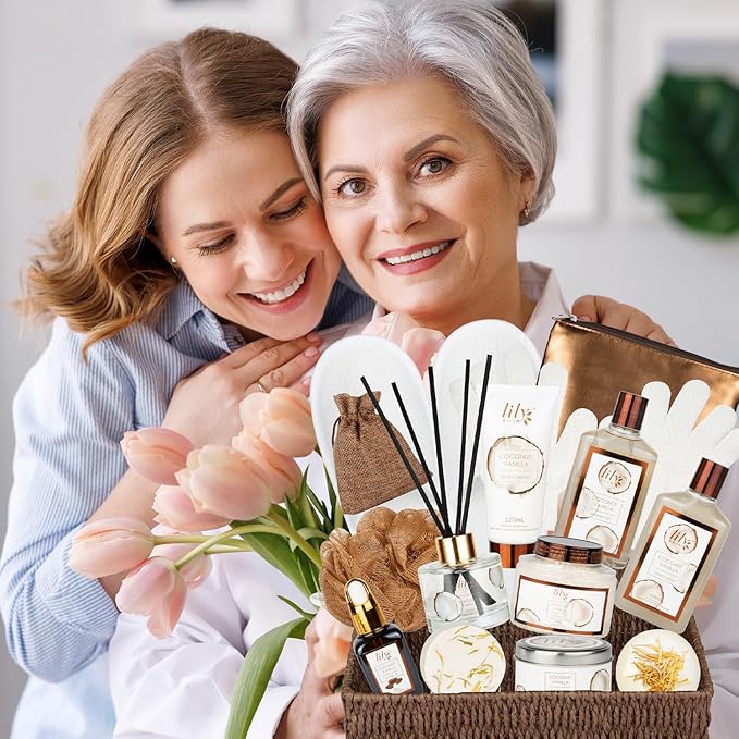 Bath and Body Gift Basket Set for Women - Coconut Vanilla Spa Gift Basket for Women 17-Piece Luxury Bath Gift Set with Shower Gel Self Care Pampering Gifts for Mothers Day, Christmas, Birthday Gifts-BrightBean Baby