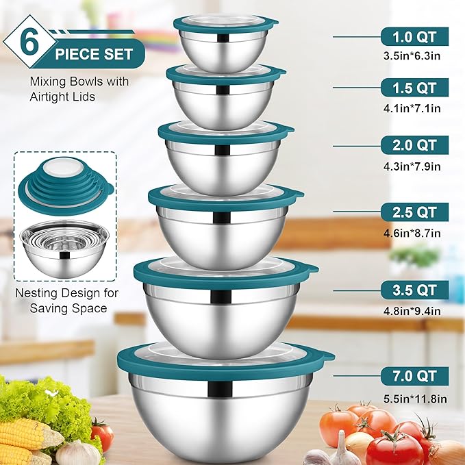 LIANYU Stainless Steel Mixing Bowls, 6 Packs Deep Metal Nesting Bowls Set for Baking Cooking Serving Prepping, Large& Small 7, 3.5, 2.5, 2, 1.5, 1QT Size, Include Visible Airtight Lid, Dark Blue