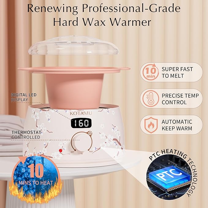 KOTAMU Waxing Kit for Women & Men, Wax Warmer for Hair Removal, Digital Wax Kit with Silicone Pot，Ideal for Face Eyebrow Arm Legs Armpit &Sensitive Skin, Cherry Waxing Machine for Home Salon Use-BrightBean Baby