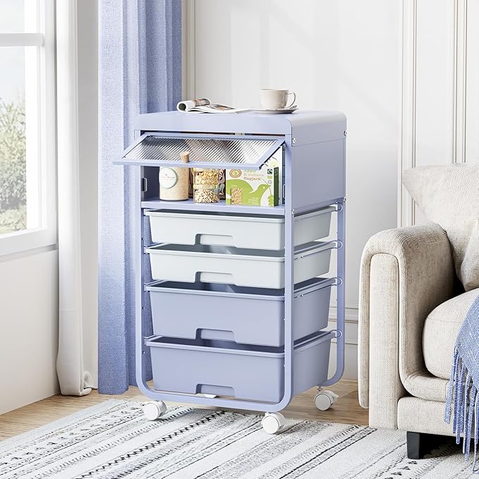 Utility-Rolling-Storage-Drawer-Craft-Cart-Organizers with 4 Drawers & Dust-Proof Door for Kid Craft Art Room,Bedroom,Home Office, Lavender Purple-BrightBean Baby