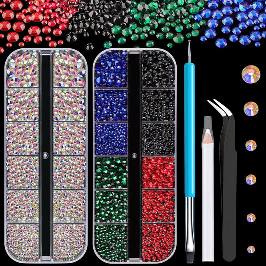 Rhinestones for Nails, Manicure Gem, Multi Size Flat Back Glass Crystal AB + Mixed Color Iridescent Gemstones Round Beads Gems for Professional Salon and DIY Nail Art with Pickup & Dotting Tools-BrightBean Baby