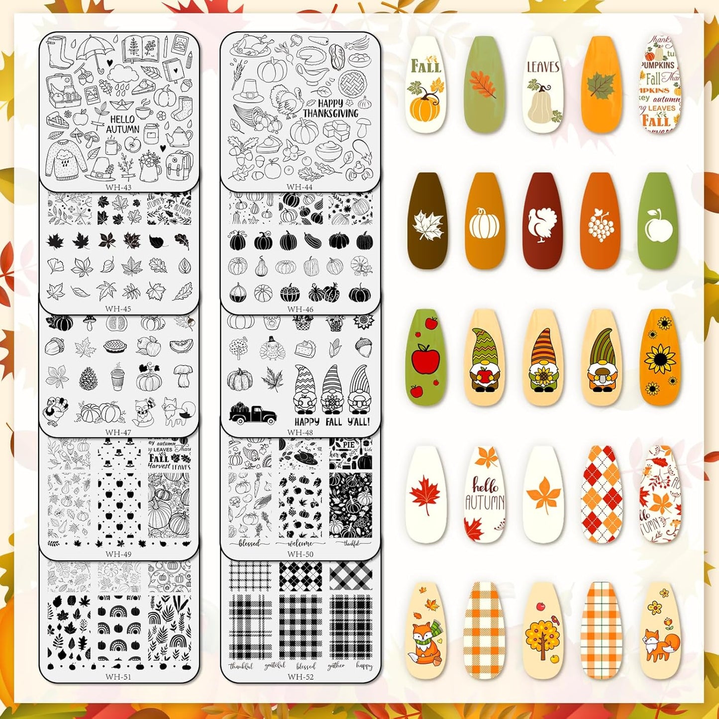 Whaline 10 Sheet Fall Nail Art Stamping Plates Kit Happy Thanksgiving Pumpkins Maple Leaf Gnome Plaid Autumn Blessings Collection Nail Art Plate for Autumn Thanksgiving Nail Art Design DIY Print-BrightBean Baby