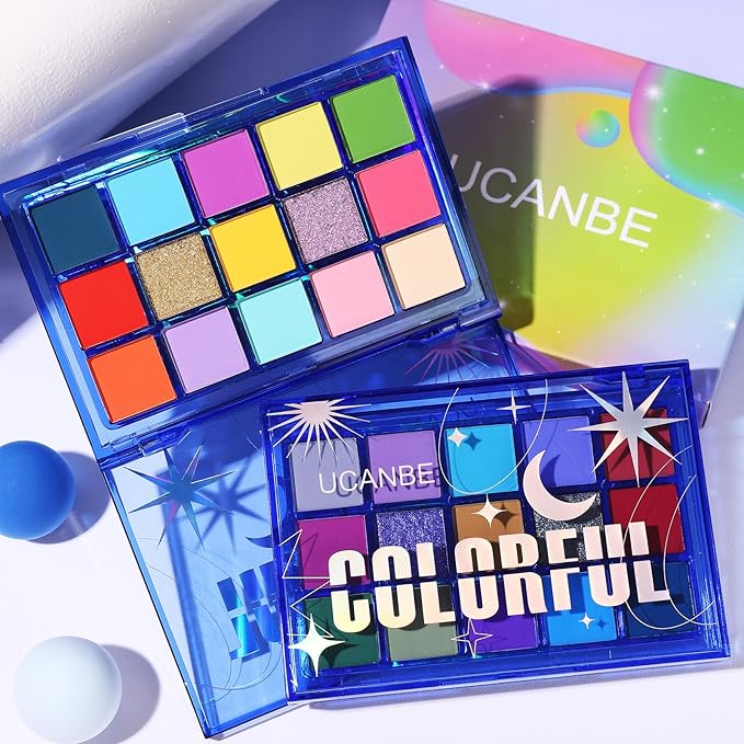 UCANBE Colorful Eyeshadow Palette, 15 Colors Vibrant Bright Shimmer Matte Metallic Neon Eye Makeup Pallet, Rainbow Green Pink Purple Orange Blue High Pigmented Sombras De Ojos Gift Kit-BrightBean Baby