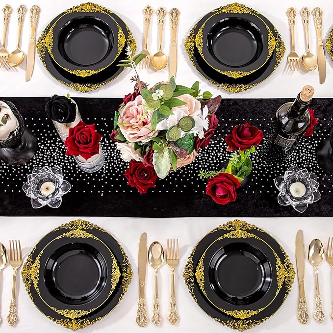 100PCS Black Plastic Bowls - 12 oz Black Gold Disposable Salad Bowls - Heavy Duty Soup Serving Bowl - Fancy Plastic Candy Bowl for Weddings, Parties, Dinners, Catering, Picnics, New Year Party
