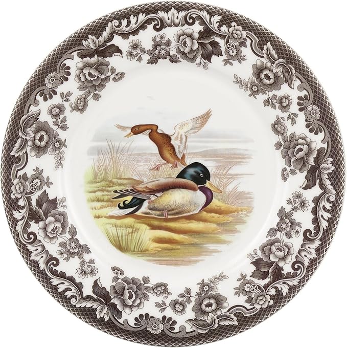 Spode Woodland Mallard Luncheon Plate - 9" Fine Earthenware with British Flowers Border, Rustic Duck Motif - Dishwasher, Microwave, Freezer & Oven Safe - Seasonal Wildlife Tableware - Made in England