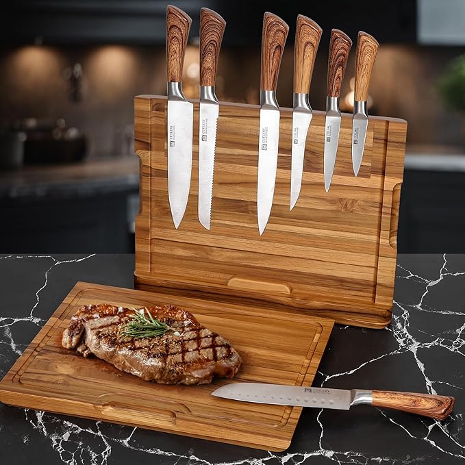 2 - in - 1 Magnetic Knife Block Holder with 16"x11" Teak Cutting Board, Crafted from Premium Natural Teak Wood,Juice Grooves, Kitchen Organizer for Home Chefs