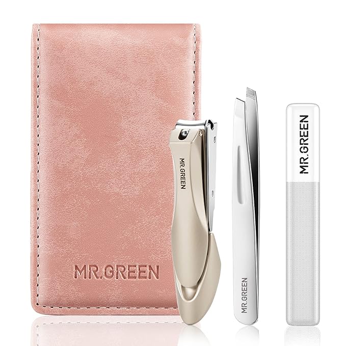 MR.GREEN Nail Clipper 3Pcs Set, Stainless Steel Manicure Pedicure Set with Nail Clippers, Glass Nail File & Tweezers, Medical Grade Grooming Kit with Travel Case Gift Box for Man & Woman (Pink)-BrightBean Baby