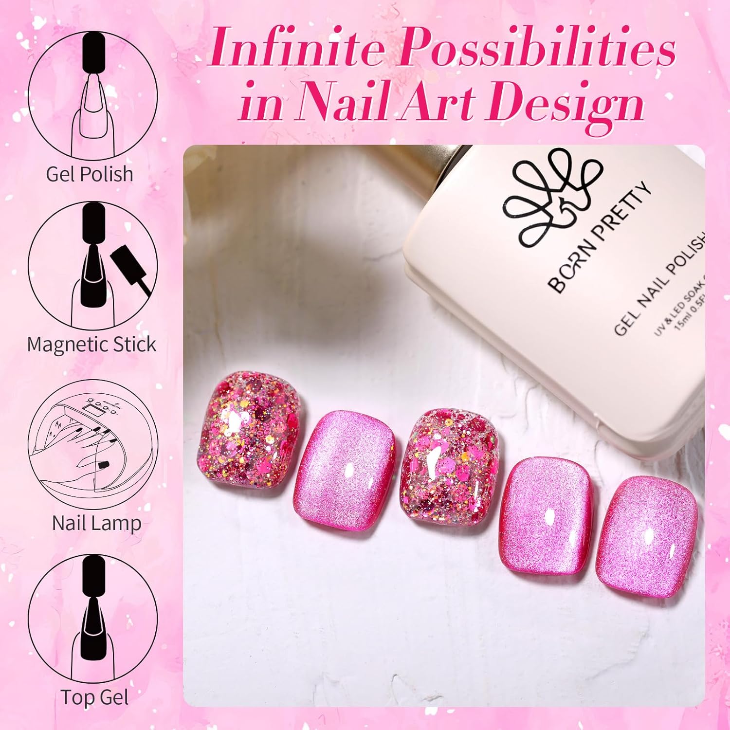 Born Pretty Magnetic Gel Nail Polish Hot Pink Cat Magnetic Eye Gel Polish Holographic Cats Shiny Glitter Nail Gel for Salon Home DIY Manicure Use-BrightBean Baby