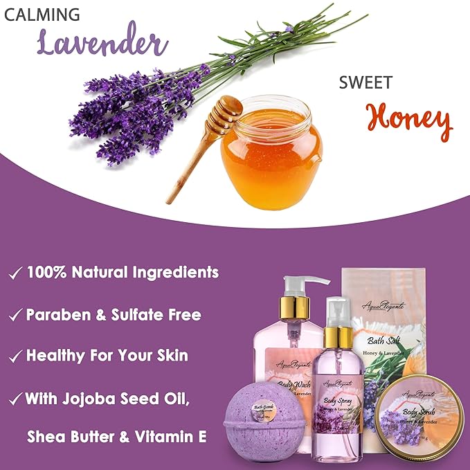 Bath Spa Gift Sets - Luxury Basket With Honey & Lavender - Spa Kit Includes Wash, Bubble Bath, Lotion, Bath Salts, Body Scrub, Body Spray, Shower Puff, Bathbombs, Soap and Towel-BrightBean Baby