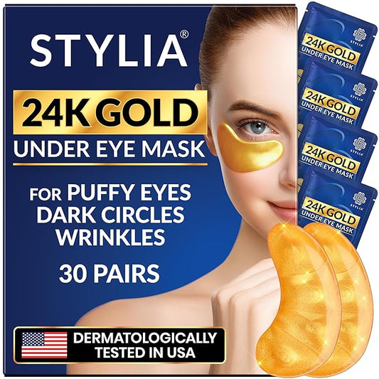 Stylia Under Eye Patches for Puffy Eyes and Dark Circles (30 Pairs) - 24k Gold Under Eye Mask with Vitamin C, Hyaluronic Acid, Pearl Extract - Eye Masks for Dark Circles and Puffiness-BrightBean Baby