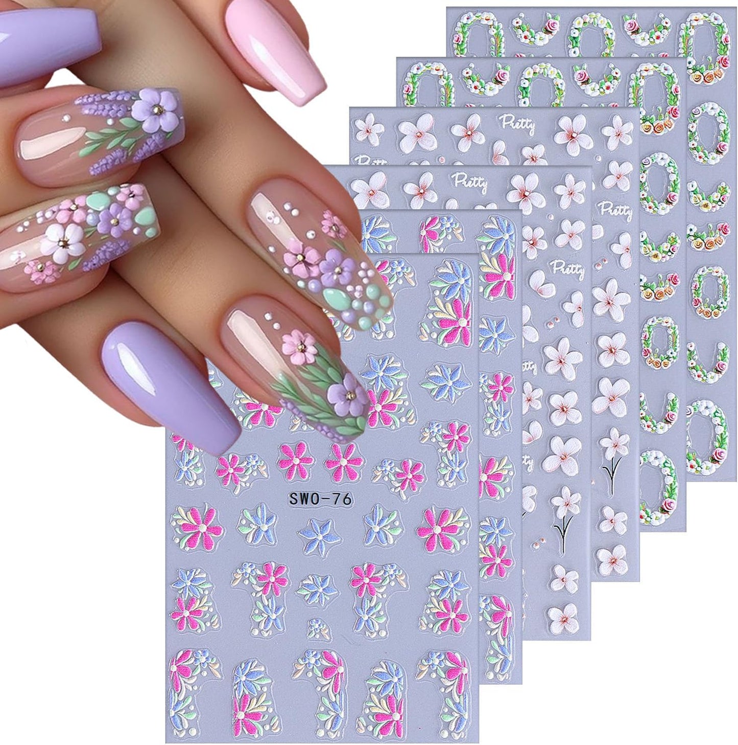 6 Sheets Flower Nail Art Stickers Rose Daisy Nails Art Decals 3D Self-Adhesive Nails Sticker Holographic Stereo Blossom Decal Decoration for Women Wreath Manicure Stickers DIY Nail Supplies-BrightBean Baby