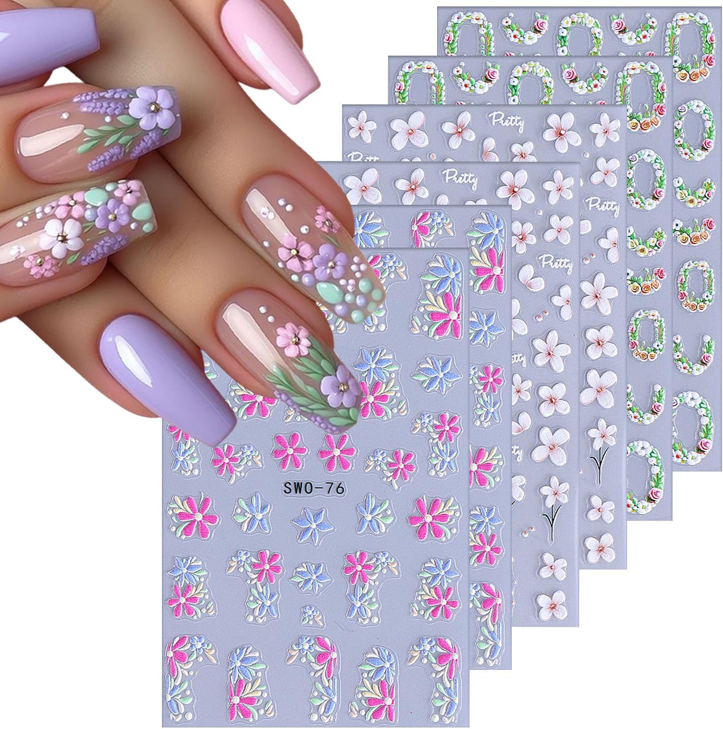6 Sheets Flower Nail Art Stickers Rose Daisy Nails Art Decals 3D Self-Adhesive Nails Sticker Holographic Stereo Blossom Decal Decoration for Women Wreath Manicure Stickers DIY Nail Supplies-BrightBean Baby