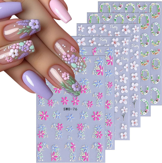 6 Sheets Flower Nail Art Stickers Rose Daisy Nails Art Decals 3D Self-Adhesive Nails Sticker Holographic Stereo Blossom Decal Decoration for Women Wreath Manicure Stickers DIY Nail Supplies-BrightBean Baby