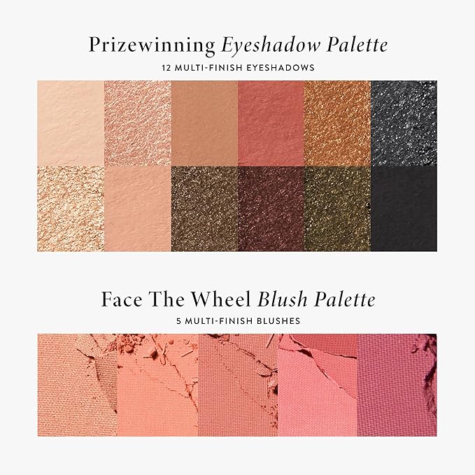 LAURA GELLER NEW YORK Wheel fo Fortune Eye and Cheek Palette Kit - Prizewinnig Eyes Eyeshadow Palette + Face the Day Blush Palette + Dual-Ended Brush-BrightBean Baby