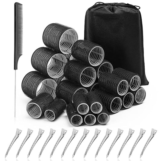 Acejoz Hair Rollers for Blowout Look, 38 Pcs Self Grip Hair Rollers Set with 4 Sizes, 12 Pcs Hair Clips, Comb and Storage Bag for Hair Volume (Black)-BrightBean Baby