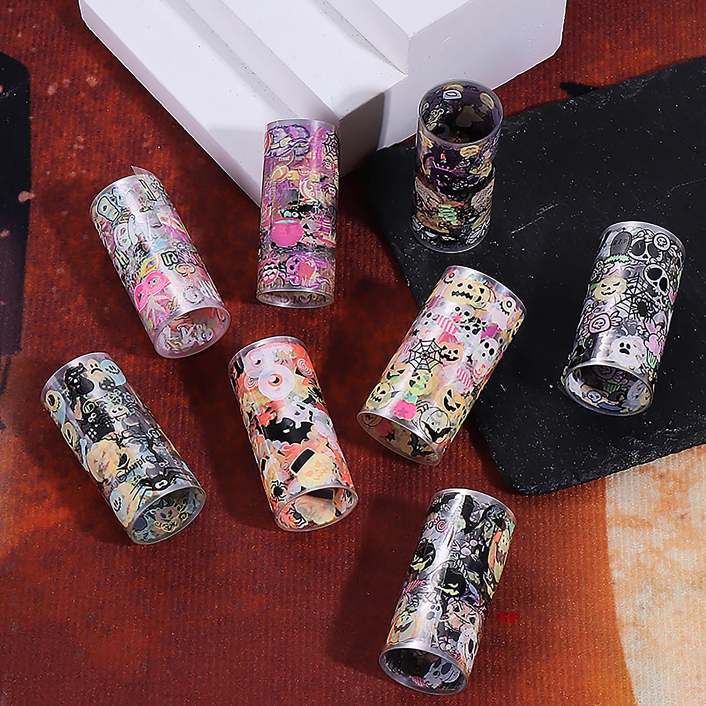 Halloween Nail Foil Transfers Stickers 10 Rolls Cartoon Design Halloween Nail Art Foils Decals Ghost Pumpkin Spider Bat Nail Transfer Foil Cute Nails Supplies Set for Women DIY Manicure Decorations-BrightBean Baby
