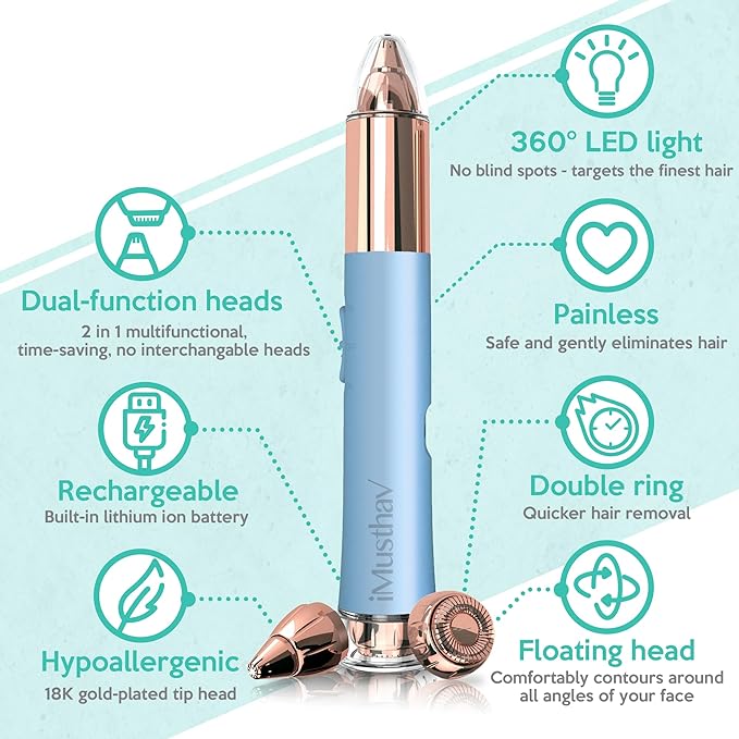 2 in 1 Flawless Eyebrow and Facial Hair Remover for Women Painless Electric Razor Epilator Trimmer Shaver with 18K Gold-Plated, USB Rechargeable, 360° LED for Eyebrow and Face Hair Removal-BrightBean Baby